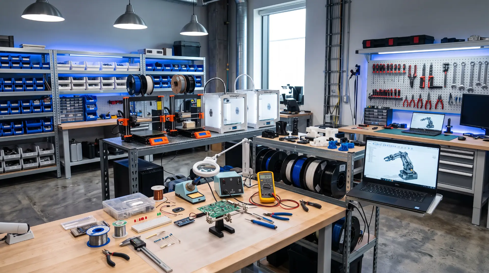 Zyntrica Robotics workshop with 3D printers, filament stock, component bins, soldering bench and CAD laptops