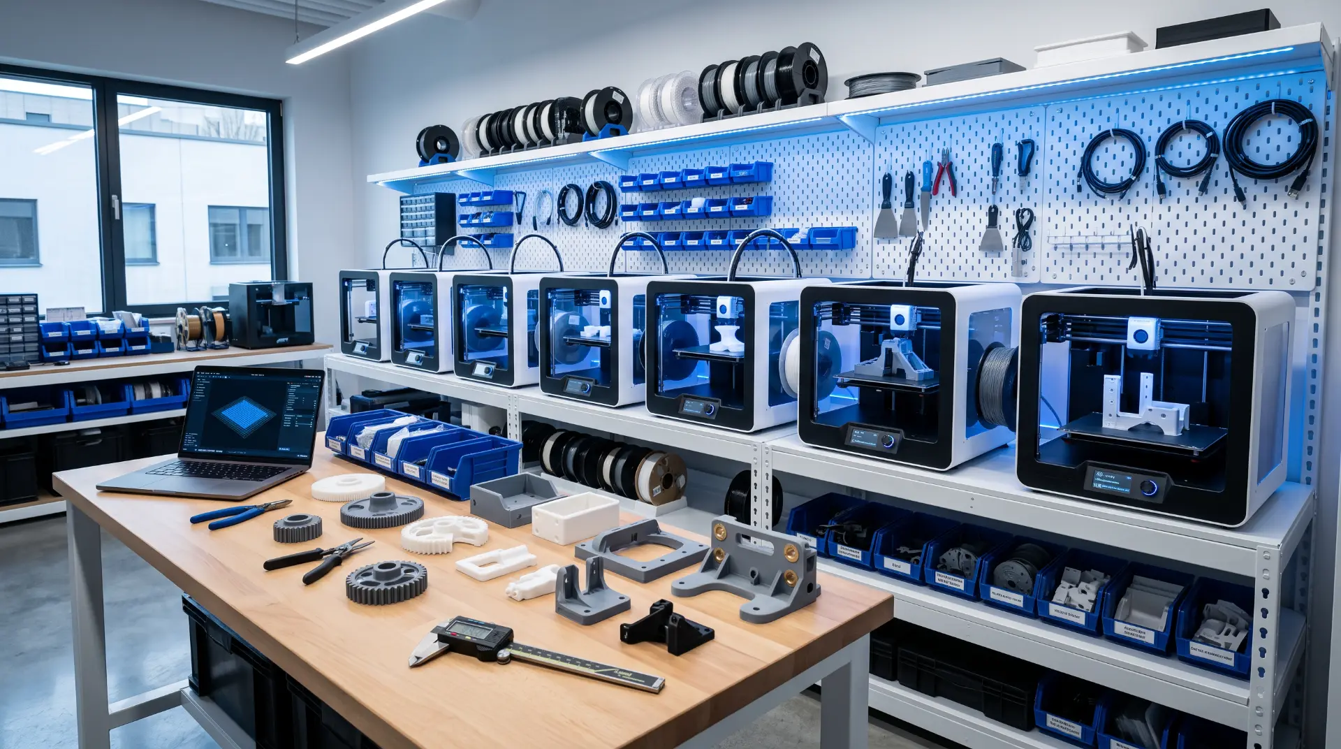 Row of FDM 3D printers in the Zyntrica print farm with printed parts and material bins on the bench