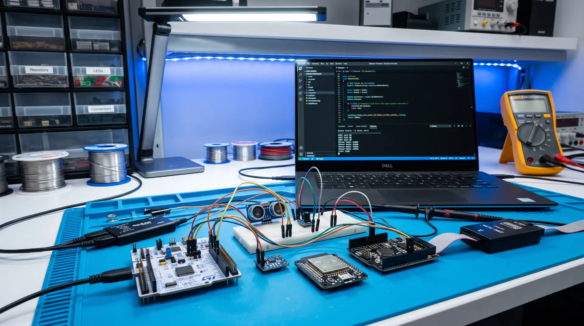 Firmware development bench with microcontroller boards, sensors on a breadboard and serial debug output on a laptop